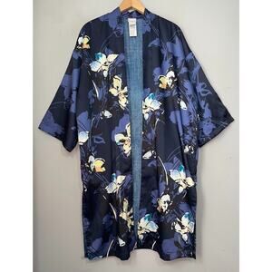 Chicos Size S M Blue White Dark Navy Asian Floral Satin Kimono Duster Geisha